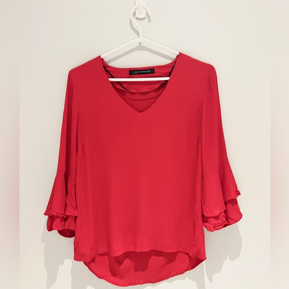 ZARA Woman Red Ruffle Sleeve Blouse – Flowy V-Neck Top (Size XS)